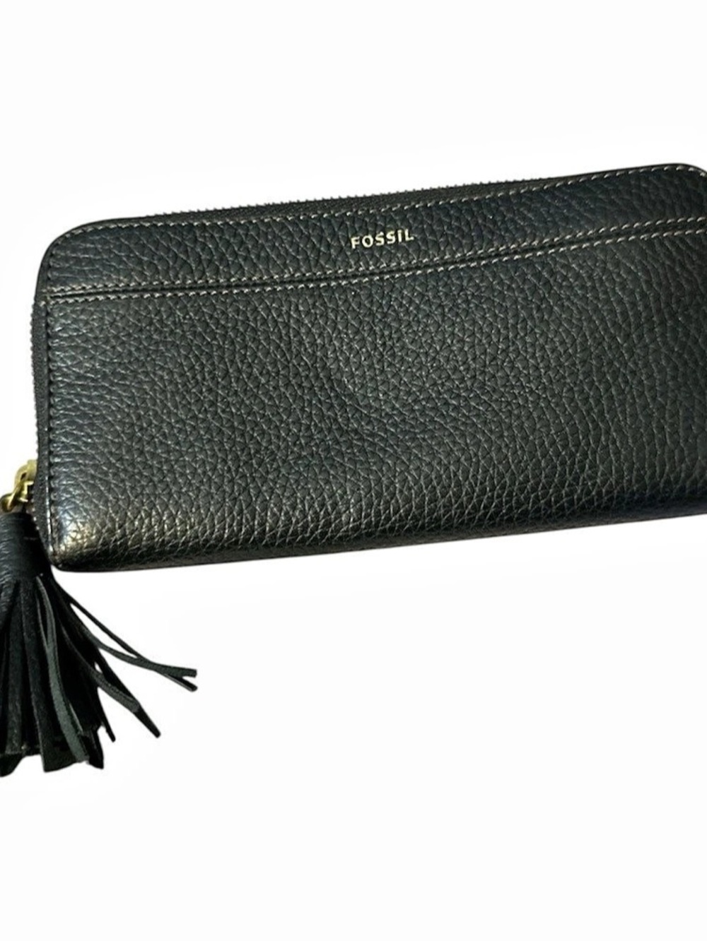 Fossil Logan Zip Around Clutch Wallet Black pebbled leather gold acc tassel new